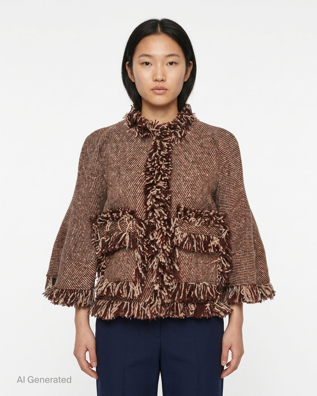 sacai Nep Tweed Jacket in brown multicolour fleck tweed with abundant looped fringe trim at collar, front placket, patch pockets, cuffs, and hem, displayed flat on a white background - front