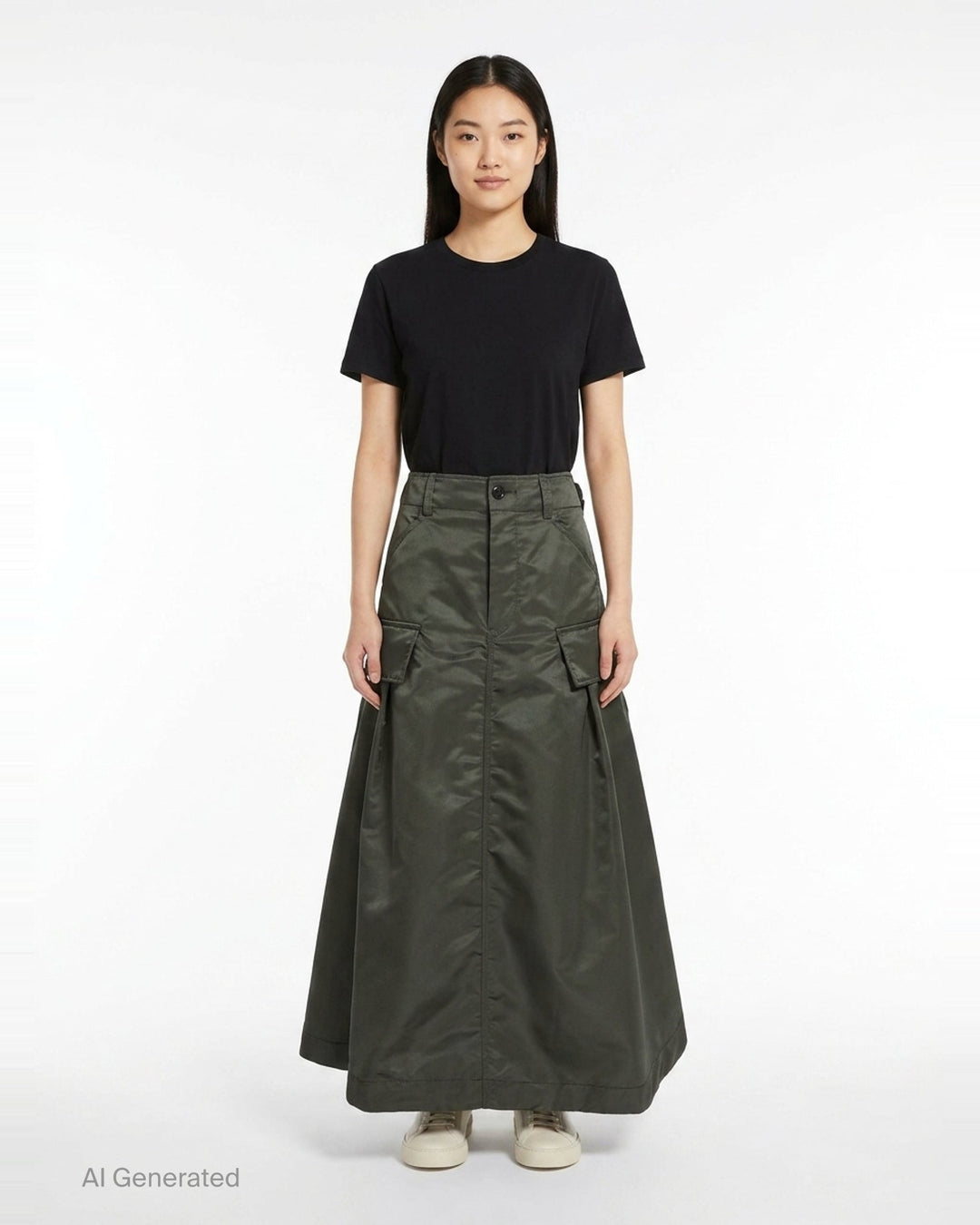 sacai black nylon twill cargo midi skirt with A-line silhouette, oversized hip pockets, structured waistband, and pleated flared hem - front