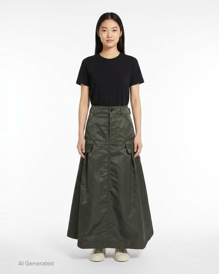 sacai black nylon twill cargo midi skirt with A-line silhouette, oversized hip pockets, structured waistband, and pleated flared hem - front