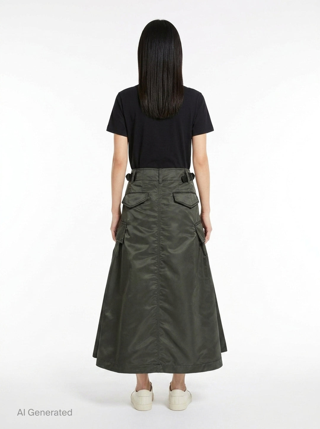 sacai black nylon twill cargo midi skirt with A-line silhouette, oversized hip pockets, structured waistband, and pleated flared hem - back