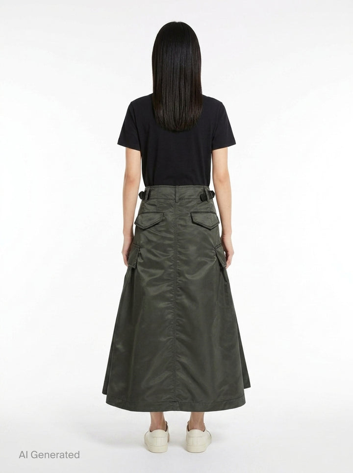 sacai black nylon twill cargo midi skirt with A-line silhouette, oversized hip pockets, structured waistband, and pleated flared hem - back