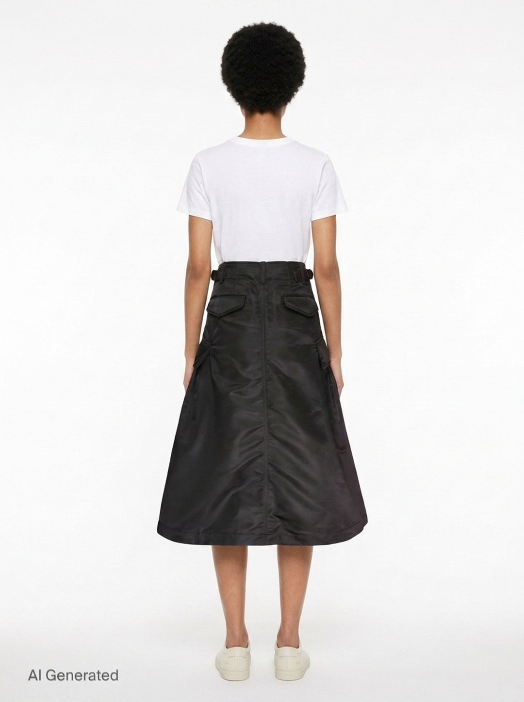 sacai black nylon twill cargo midi skirt with A-line silhouette, oversized hip pockets, structured waistband, and pleated flared hem - back