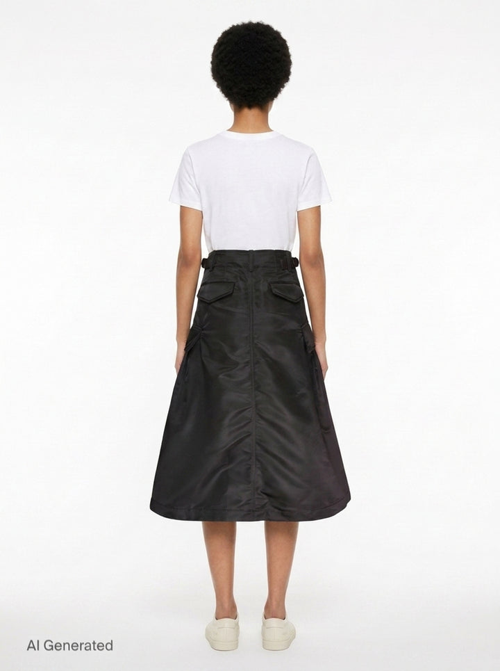 sacai black nylon twill cargo midi skirt with A-line silhouette, oversized hip pockets, structured waistband, and pleated flared hem - back