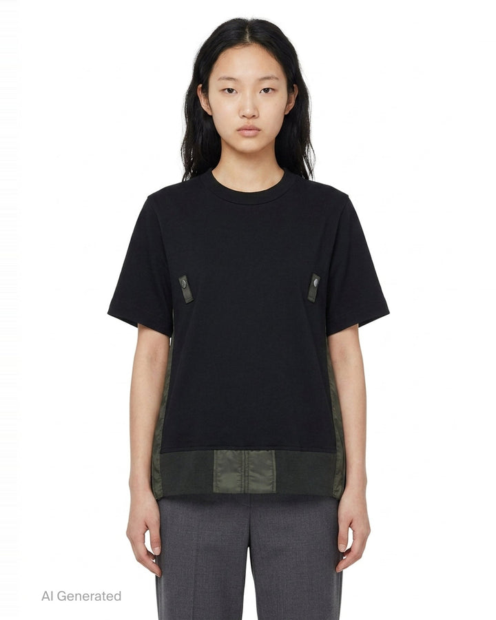 sacai Nylon Twill Cotton Jersey Tee in black, featuring snap-button chest tabs, nylon twill side panels, and a flared panelled hem - front