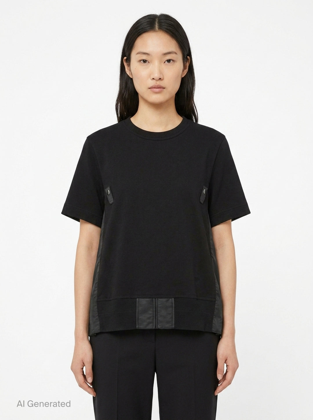sacai Nylon Twill Cotton Jersey Tee in black, featuring snap-button chest tabs, nylon twill side panels, and a flared panelled hem - front