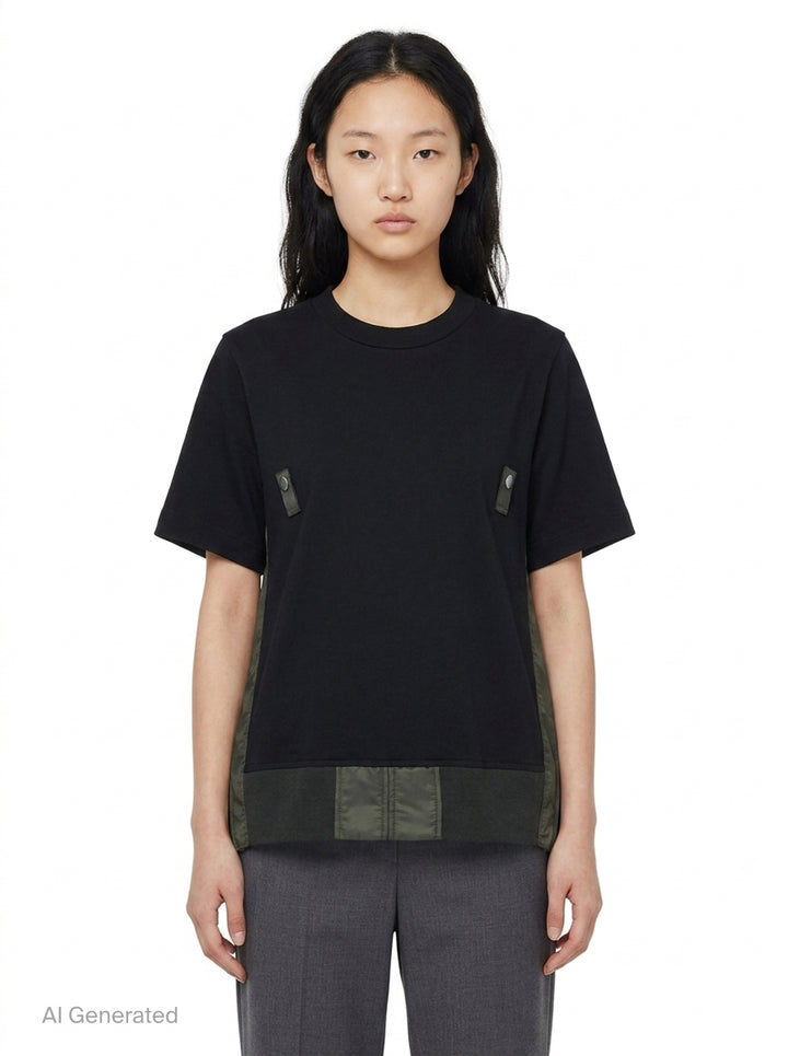 sacai Nylon Twill Cotton Jersey Tee in black, featuring snap-button chest tabs, nylon twill side panels, and a flared panelled hem - front