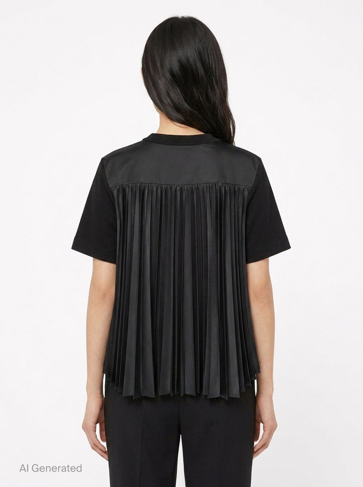 sacai Nylon Twill Cotton Jersey Tee in black, featuring snap-button chest tabs, nylon twill side panels, and a flared panelled hem - back
