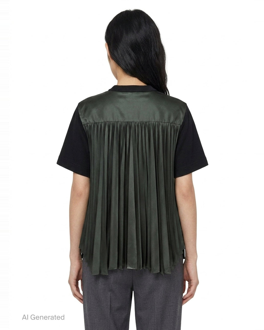 sacai Nylon Twill Cotton Jersey Tee in black, featuring snap-button chest tabs, nylon twill side panels, and a flared panelled hem - back