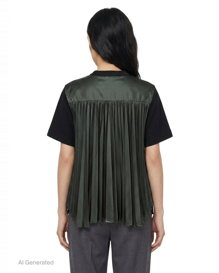 sacai Nylon Twill Cotton Jersey Tee in black, featuring snap-button chest tabs, nylon twill side panels, and a flared panelled hem - back