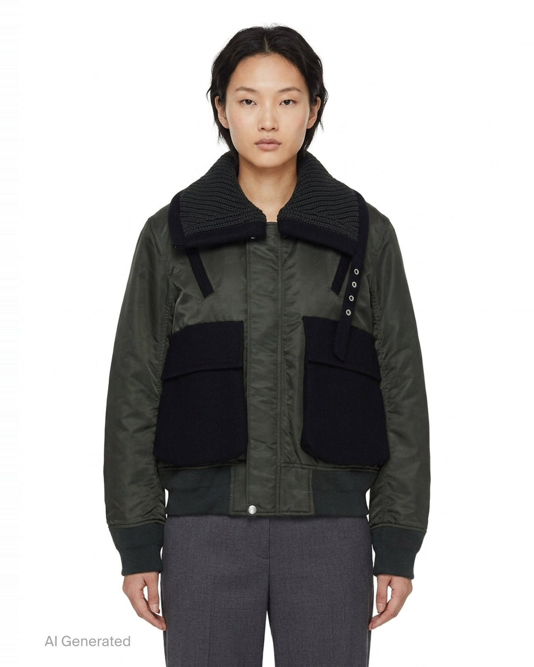 sacai Nylon Twill x Wool Melton Blouson in olive green, featuring an oversized ribbed knit collar, contrast black wool patch pockets, eyelet hardware detail, and orange satin lining at the collar reverse - front