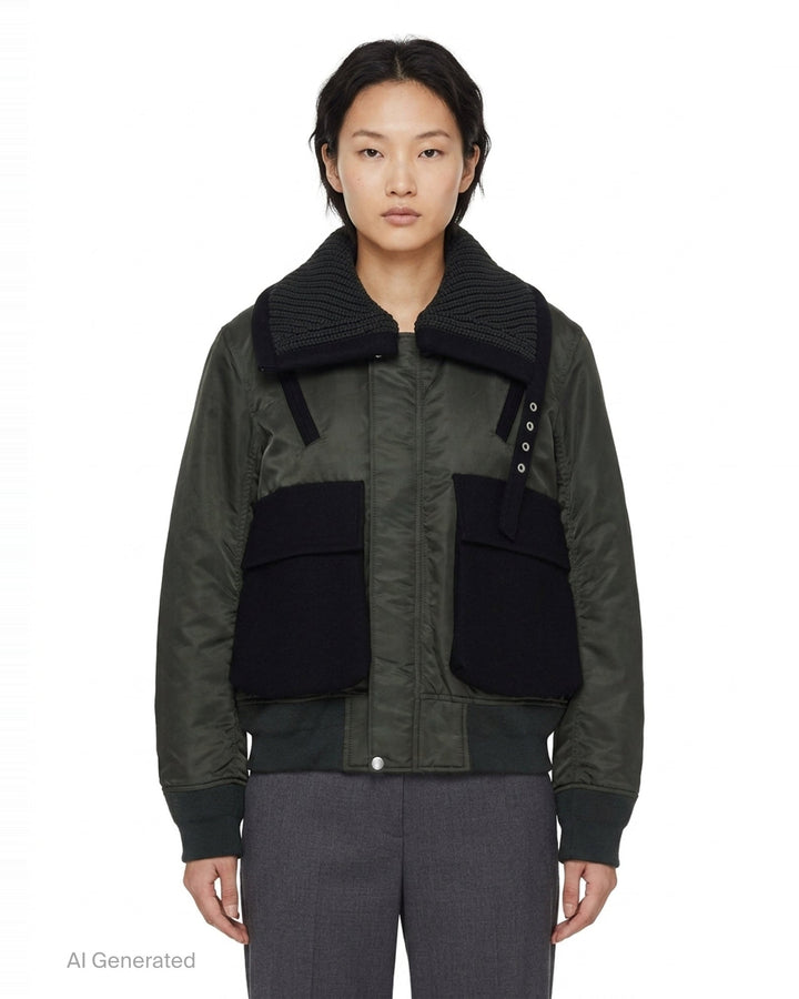 sacai Nylon Twill x Wool Melton Blouson in olive green, featuring an oversized ribbed knit collar, contrast black wool patch pockets, eyelet hardware detail, and orange satin lining at the collar reverse - front