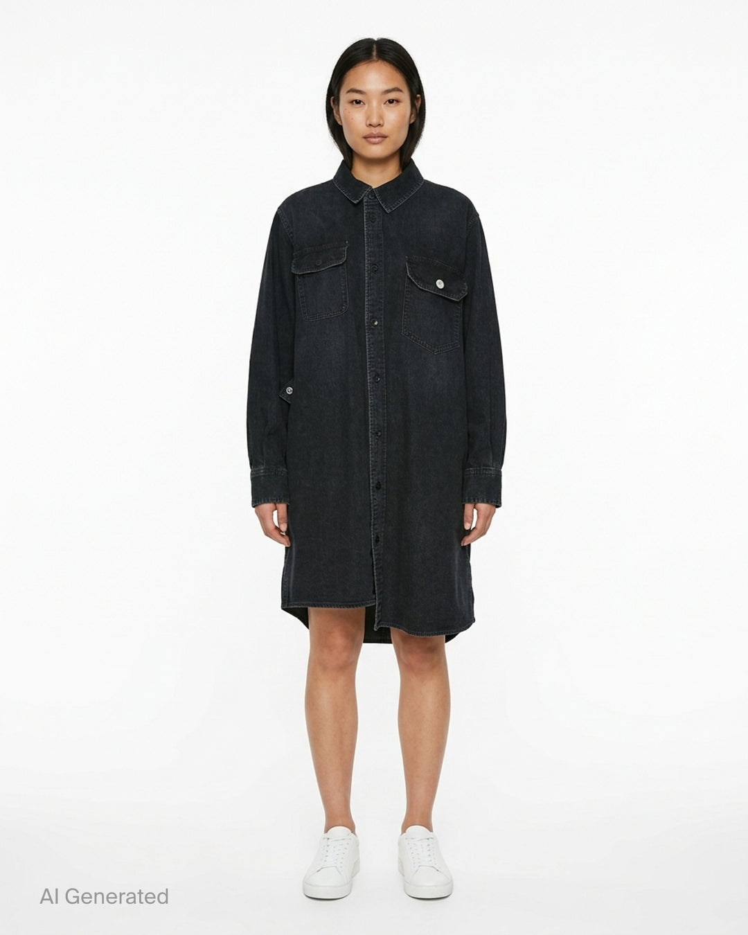 sacai oversized black washed denim shirt dress with dual chest patch pockets, mixed button hardware, full-length button front, and longline curved hem — flat lay on white background - front