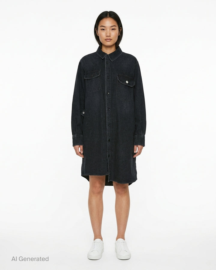 sacai oversized black washed denim shirt dress with dual chest patch pockets, mixed button hardware, full-length button front, and longline curved hem — flat lay on white background - front
