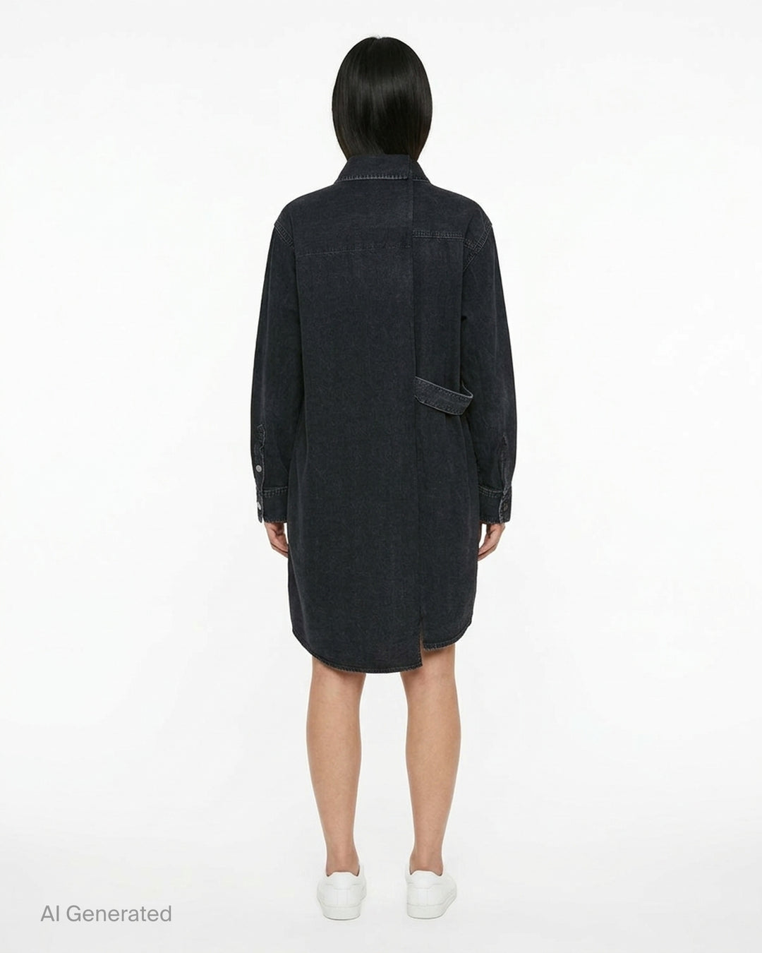 sacai oversized black washed denim shirt dress with dual chest patch pockets, mixed button hardware, full-length button front, and longline curved hem — flat lay on white background - back