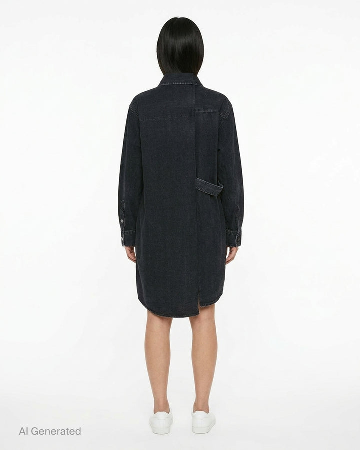 sacai oversized black washed denim shirt dress with dual chest patch pockets, mixed button hardware, full-length button front, and longline curved hem — flat lay on white background - back
