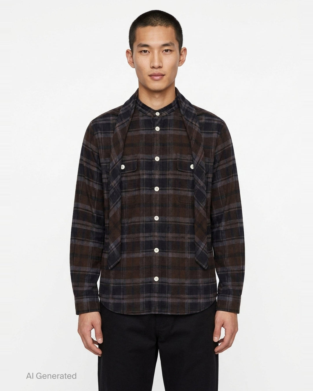 sacai plaid flannel long sleeve shirt in brown, navy, and grey check with deconstructed layered collar, dual chest pockets, and mother-of-pearl buttons, displayed flat on white background - front