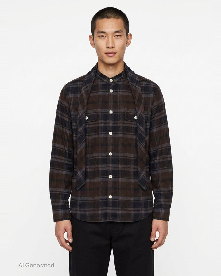 sacai plaid flannel long sleeve shirt in brown, navy, and grey check with deconstructed layered collar, dual chest pockets, and mother-of-pearl buttons, displayed flat on white background - front