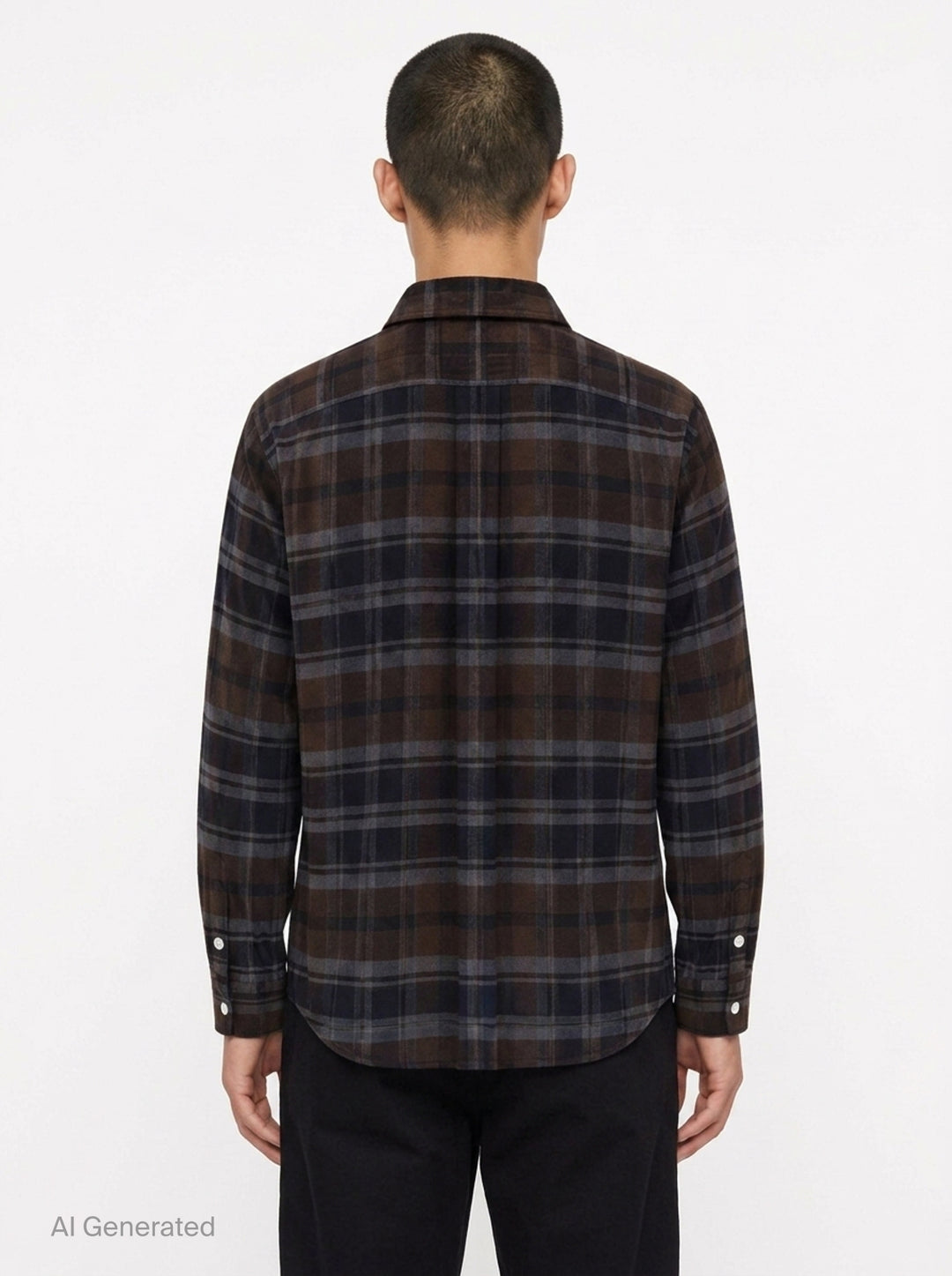 sacai plaid flannel long sleeve shirt in brown, navy, and grey check with deconstructed layered collar, dual chest pockets, and mother-of-pearl buttons, displayed flat on white background - back