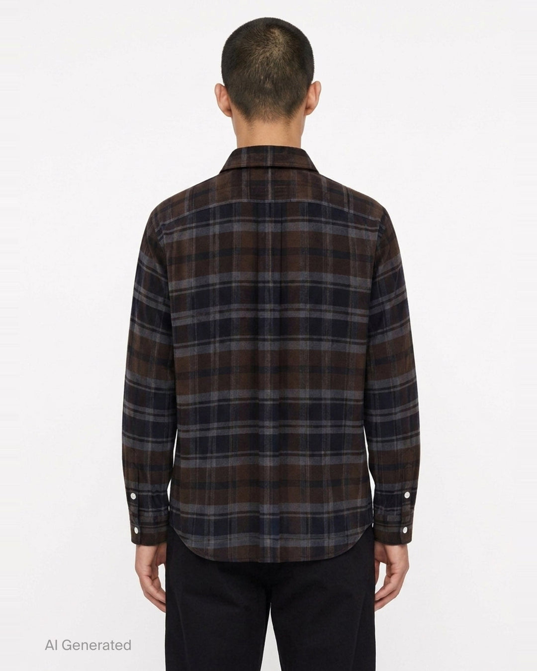 sacai plaid flannel long sleeve shirt in brown, navy, and grey check with deconstructed layered collar, dual chest pockets, and mother-of-pearl buttons, displayed flat on white background - back