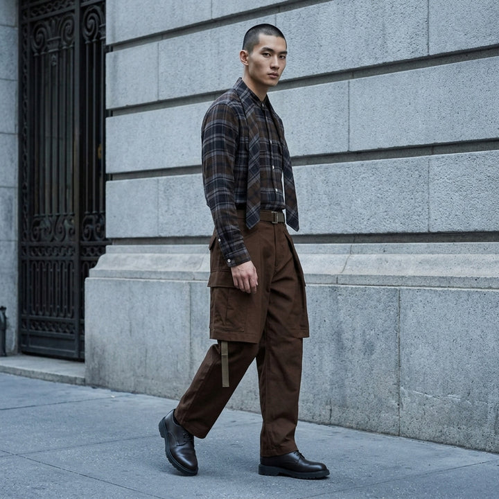 sacai plaid flannel long sleeve shirt in brown, navy, and grey check with deconstructed layered collar, dual chest pockets, and mother-of-pearl buttons, displayed flat on white background - lifestyle