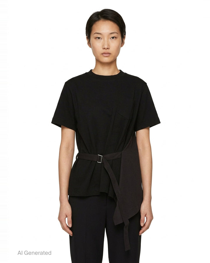 sacai Poplin x Cotton Jersey T-Shirt in black with asymmetric blue pinstripe poplin panel draped at the side hem, crew neck, short sleeves, and chest pocket - front