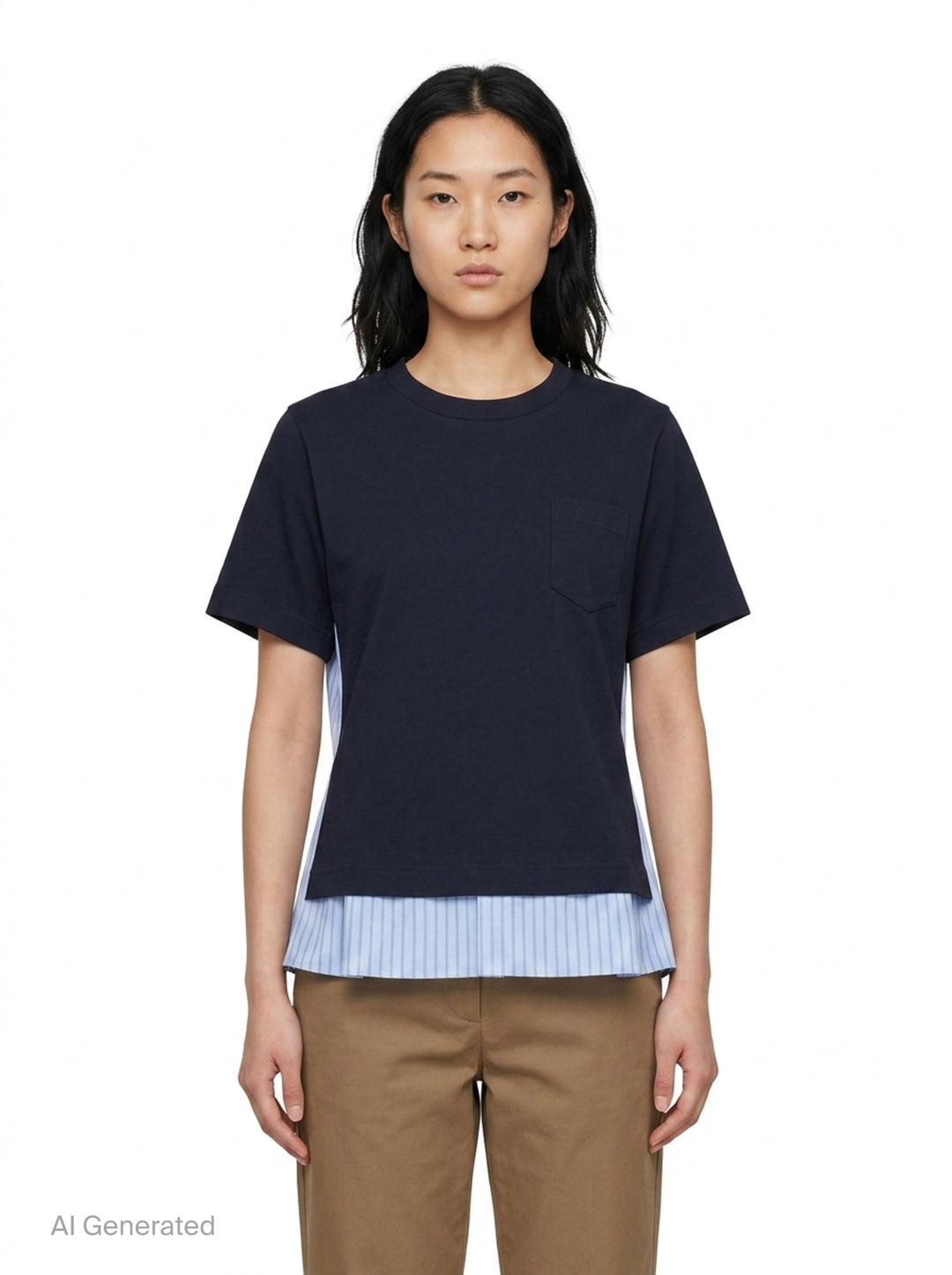 sacai Poplin x Cotton Jersey T-Shirt in black, featuring a crew neck, chest pocket, and light blue pinstripe poplin side panels with a flared hem - front