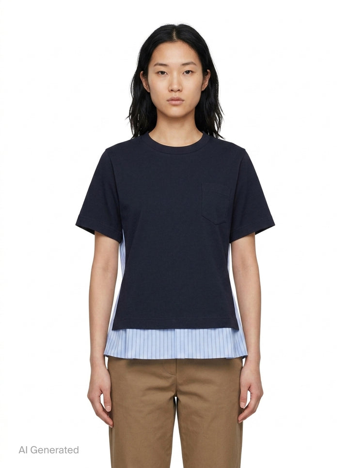 sacai Poplin x Cotton Jersey T-Shirt in black, featuring a crew neck, chest pocket, and light blue pinstripe poplin side panels with a flared hem - front