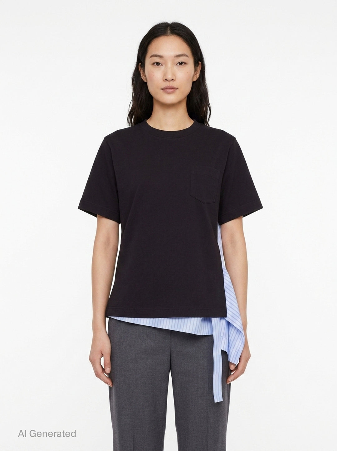 sacai Poplin x Cotton Jersey T-Shirt in black with asymmetric blue pinstripe poplin panel draped at the side hem, crew neck, short sleeves, and chest pocket - front