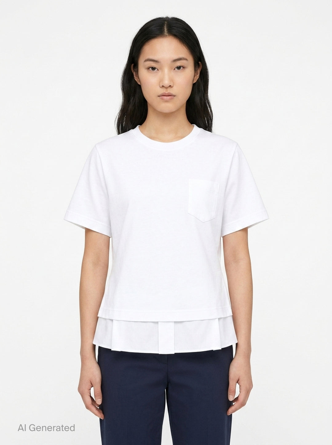 sacai Poplin x Cotton Jersey T-Shirt in black, featuring a crew neck, chest pocket, and light blue pinstripe poplin side panels with a flared hem - front