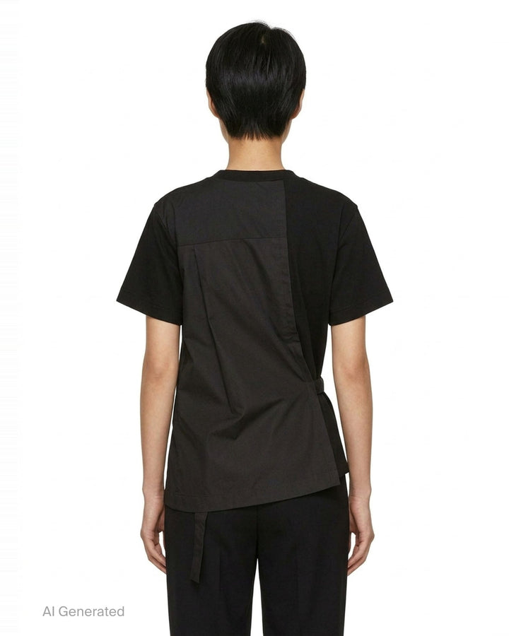 sacai Poplin x Cotton Jersey T-Shirt in black with asymmetric blue pinstripe poplin panel draped at the side hem, crew neck, short sleeves, and chest pocket - back