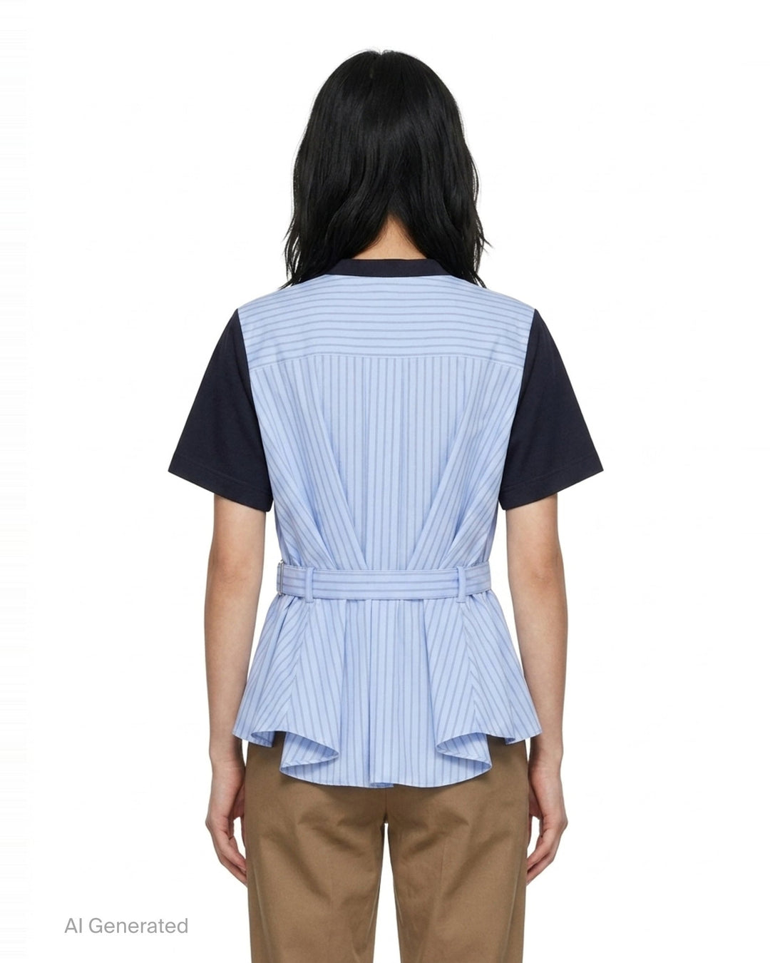 sacai Poplin x Cotton Jersey T-Shirt in black, featuring a crew neck, chest pocket, and light blue pinstripe poplin side panels with a flared hem - back