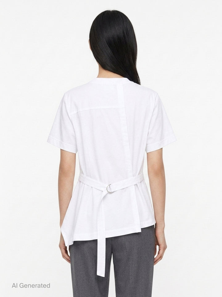 sacai Poplin x Cotton Jersey T-Shirt in black with asymmetric blue pinstripe poplin panel draped at the side hem, crew neck, short sleeves, and chest pocket - back