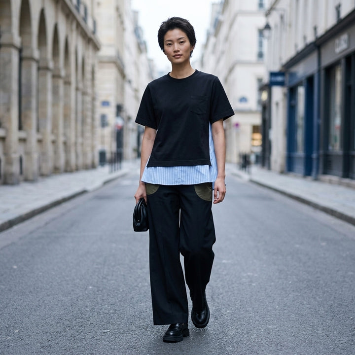 sacai Poplin x Cotton Jersey T-Shirt in black, featuring a crew neck, chest pocket, and light blue pinstripe poplin side panels with a flared hem - lifestyle