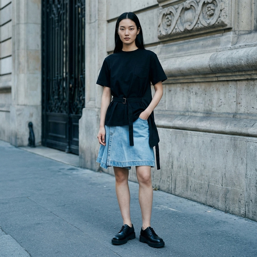 sacai Poplin x Cotton Jersey T-Shirt in black with asymmetric blue pinstripe poplin panel draped at the side hem, crew neck, short sleeves, and chest pocket - lifestyle