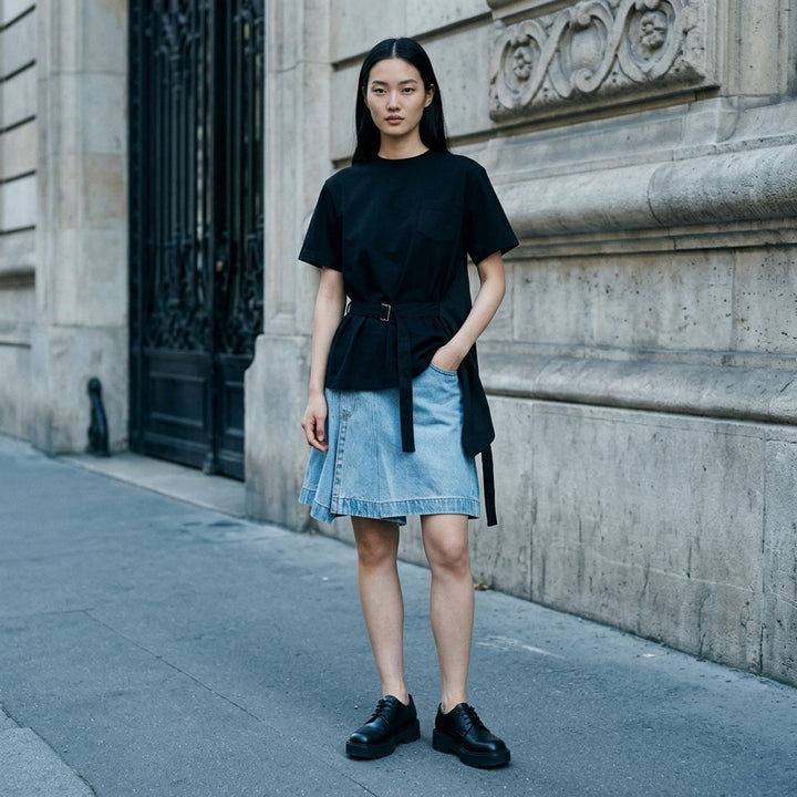 sacai Poplin x Cotton Jersey T-Shirt in black with asymmetric blue pinstripe poplin panel draped at the side hem, crew neck, short sleeves, and chest pocket - lifestyle