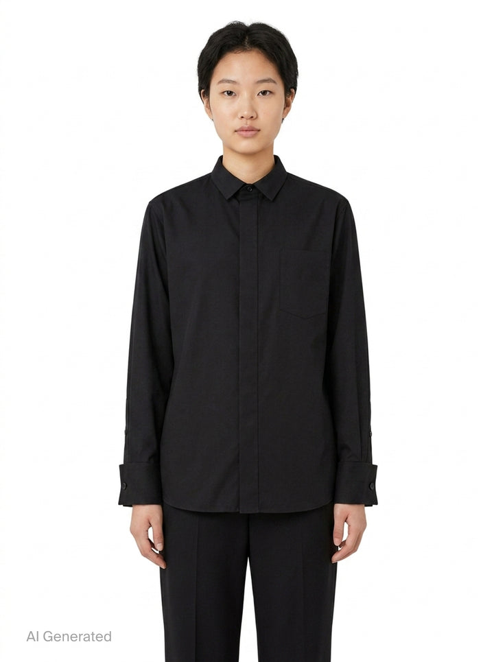 sacai black poplin long sleeve shirt with concealed front placket, point collar, chest pocket, and button-fastened cuffs, shown flat on white background - front