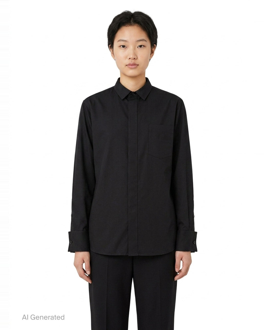 sacai black poplin long sleeve shirt with concealed front placket, point collar, chest pocket, and button-fastened cuffs, shown flat on white background - front