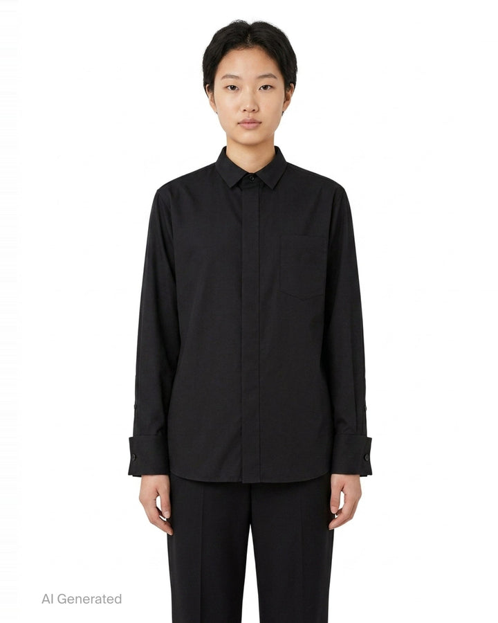 sacai black poplin long sleeve shirt with concealed front placket, point collar, chest pocket, and button-fastened cuffs, shown flat on white background - front