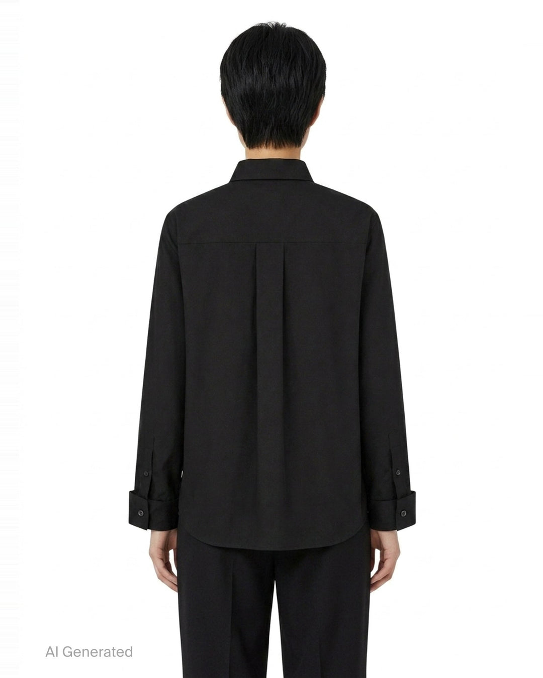 sacai black poplin long sleeve shirt with concealed front placket, point collar, chest pocket, and button-fastened cuffs, shown flat on white background - back