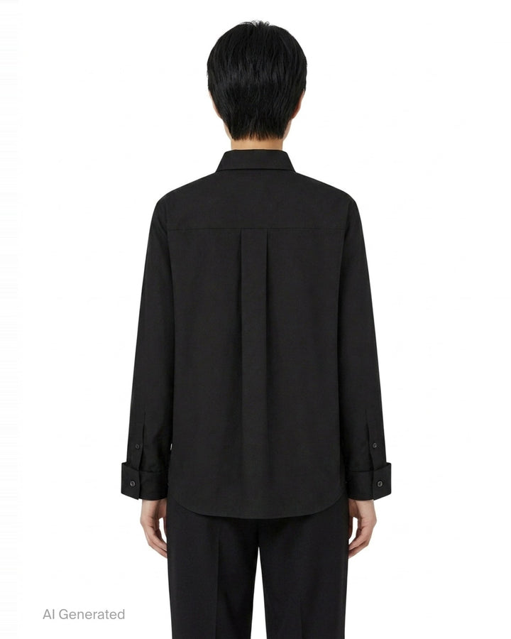 sacai black poplin long sleeve shirt with concealed front placket, point collar, chest pocket, and button-fastened cuffs, shown flat on white background - back