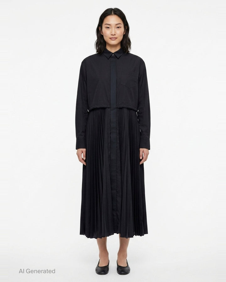 Poplin x Satin Pleated Dress | sacai | Club21 - front