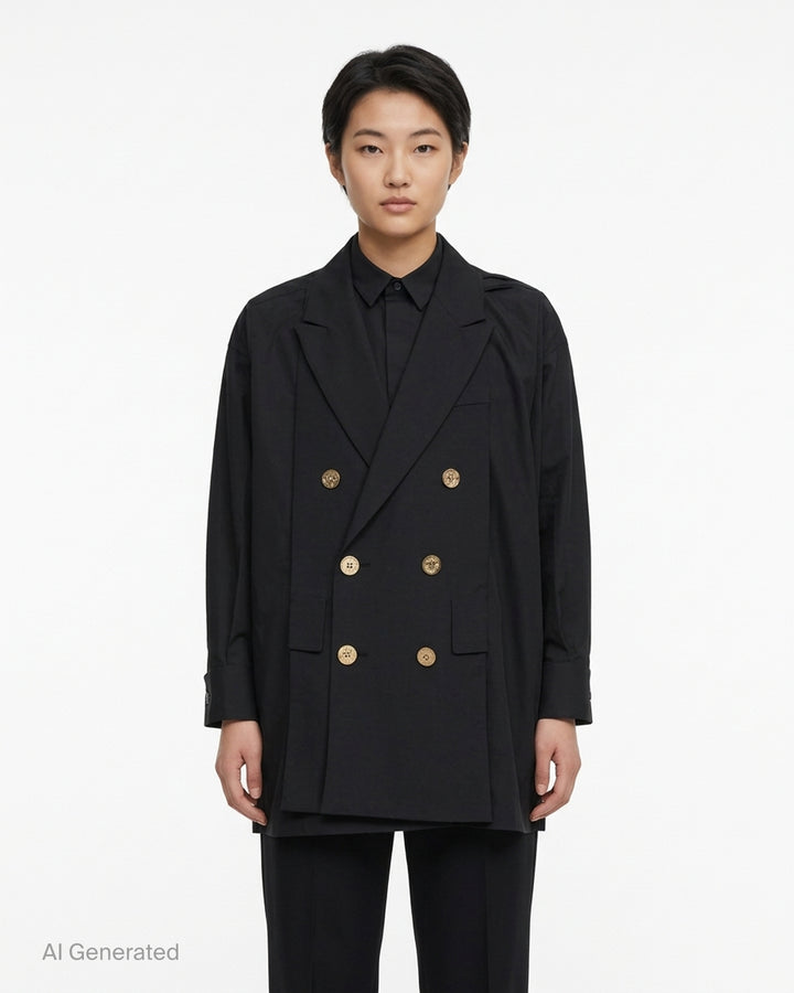 sacai Poplin X Suiting Shirt in black with double-breasted blazer front, peak lapels and gold anchor buttons over a poplin shirt body - front