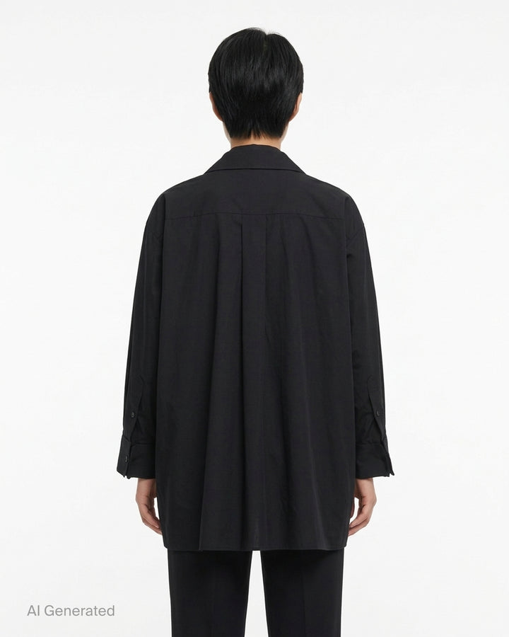 sacai Poplin X Suiting Shirt in black with double-breasted blazer front, peak lapels and gold anchor buttons over a poplin shirt body - back