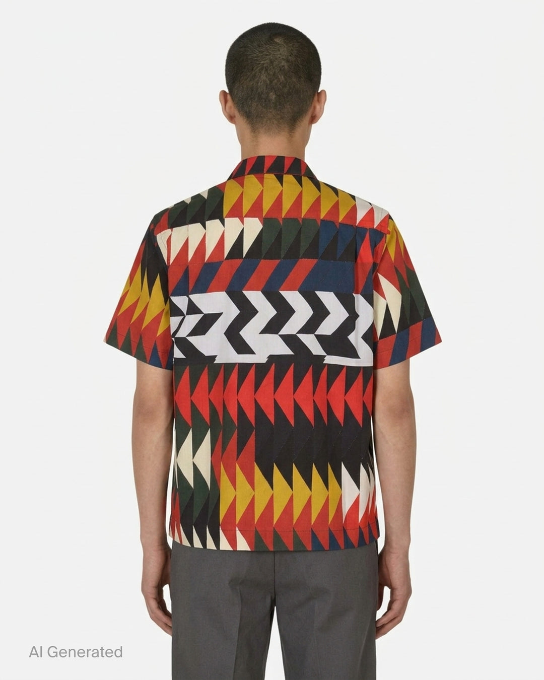 sacai x A.P.C. Quilts short sleeve shirt with a multicolour geometric arrow print, camp collar, button front and two flap chest pockets - back