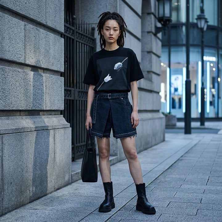 sacai Robert Mapplethorpe Graphic Tee in black, featuring a square monochrome photographic print of two tulips — one in bloom and one wilting — on the chest, with a relaxed boxy fit and crew neckline - lifestyle