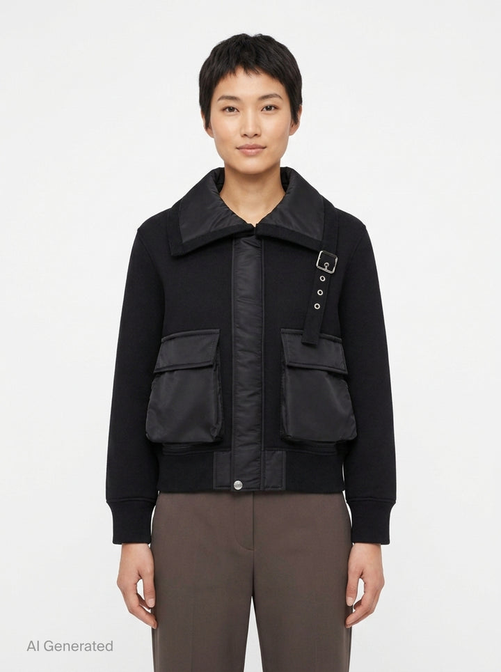 sacai Sponge Sweat Blouson in black, featuring a quilted nylon bib front, oversized spread collar, four cargo pockets, grommet strap detail, and ribbed cuffs - front