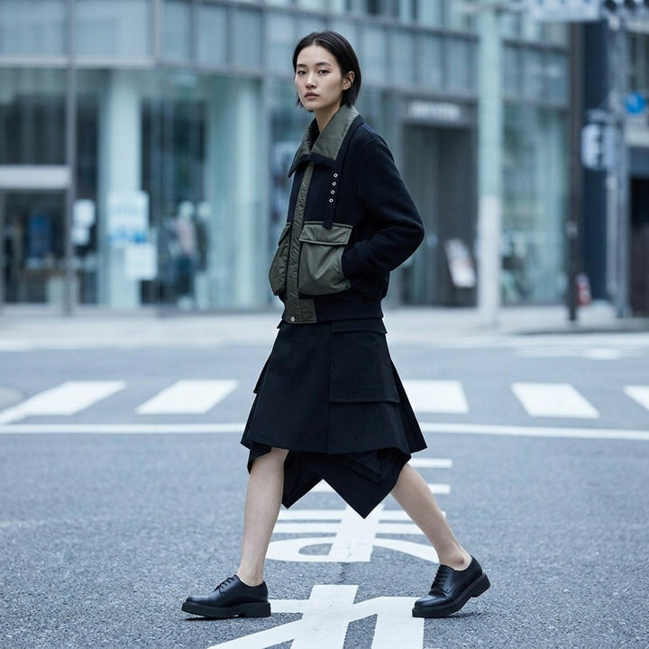 sacai Sponge Sweat Blouson in black, featuring a quilted nylon bib front, oversized spread collar, four cargo pockets, grommet strap detail, and ribbed cuffs - lifestyle