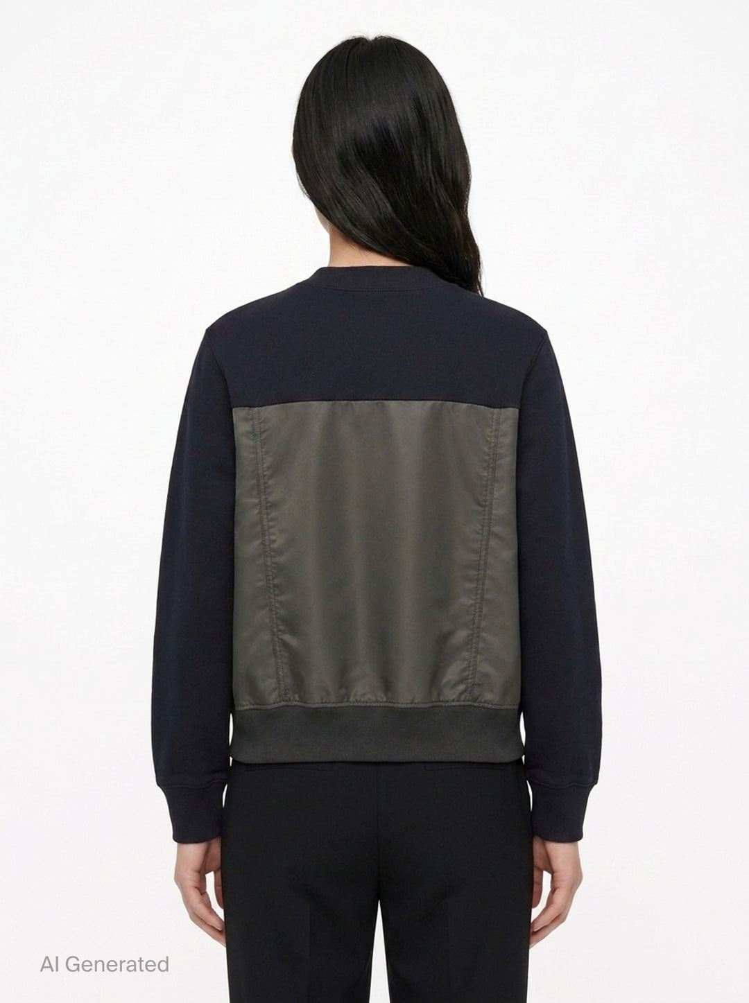 sacai Sponge Sweat Cargo Pullover in black with contrast olive nylon cargo pockets and bomber-style nylon hem panel, front view - back