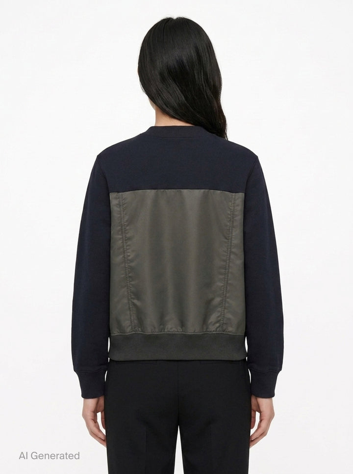 sacai Sponge Sweat Cargo Pullover in black with contrast olive nylon cargo pockets and bomber-style nylon hem panel, front view - back