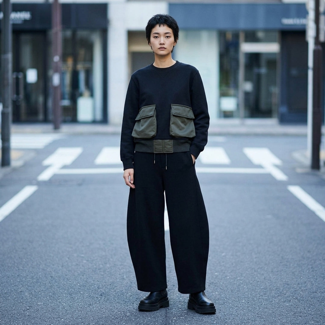 sacai Sponge Sweat Cargo Pullover in black with contrast olive nylon cargo pockets and bomber-style nylon hem panel, front view - lifestyle